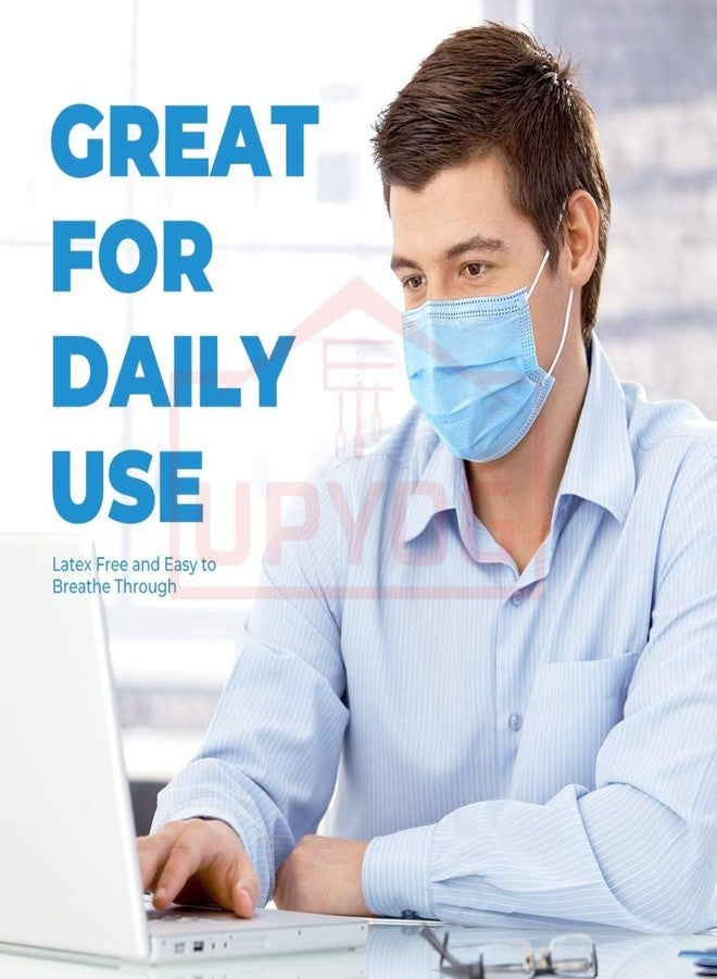 UPYOG [Pack of 100] Single Use Disposable Blue Face Mask, Soft on Skin, 3-ply Masks Facial Cover with Elastic Earloops and Nose Clip Great For Home, Office, School, and Outdoors - Image 3